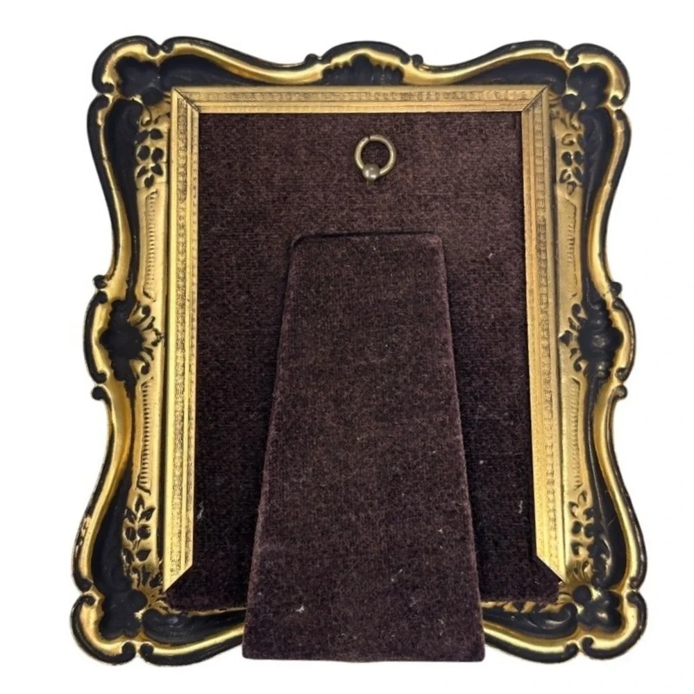 Vintage Ornate Gold and Black Floral Scrollwork Oval Picture Frame